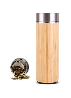 Hanso vacuum flask insulation bamboo bottle with tea infuser, travel mug, BPA free and leak-proof, travel mug with stainless steel liner and strainer, double wall vacuum insulated, (500ML)