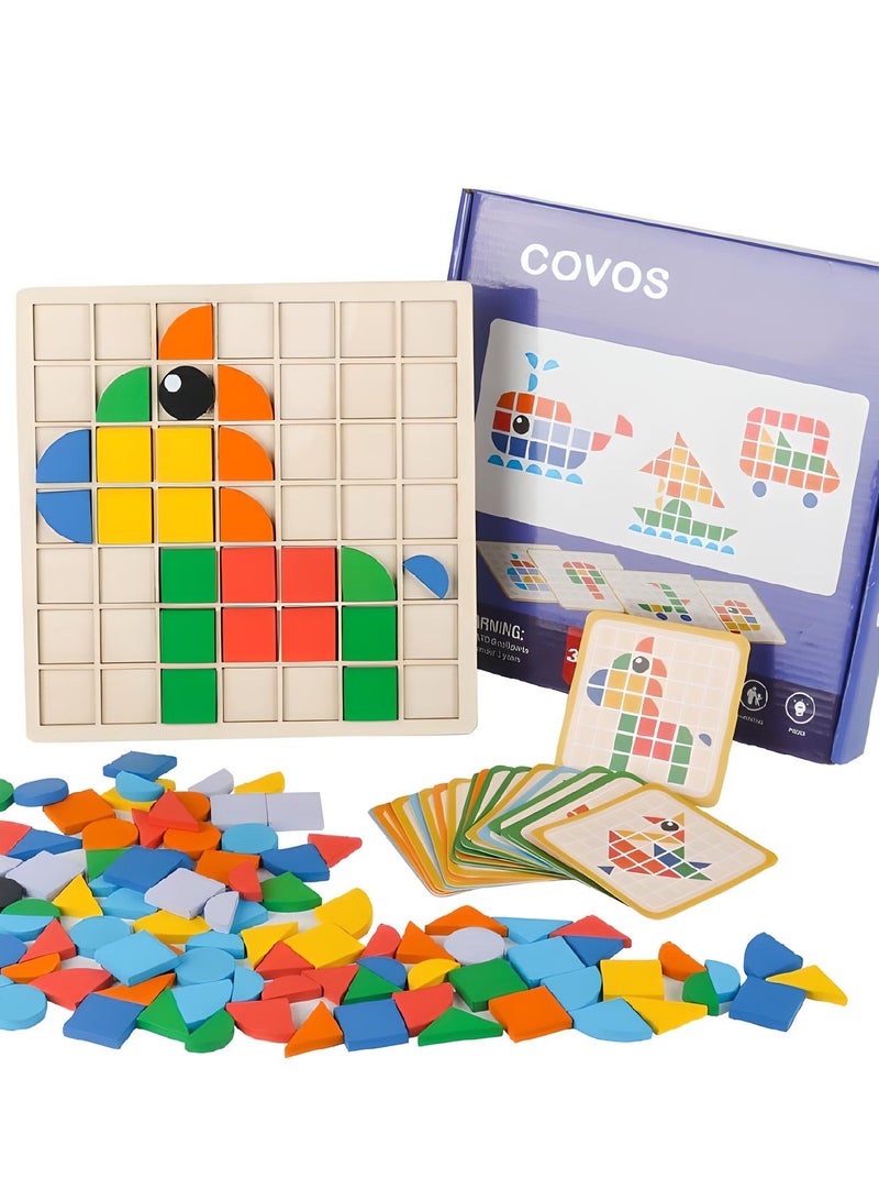 Mosaic Shape Wooden Pattern Blocks Puzzle, 120 PCS Wooden Pattern Blocks with 20 Pcs Design Cards,Kindergarten Classic Educational Geometric Shape Puzzle Toys for Kids Ages 4-8  - Image 1