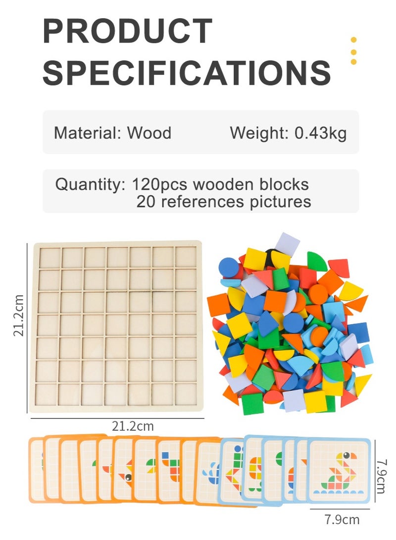 Mosaic Shape Wooden Pattern Blocks Puzzle, 120 PCS Wooden Pattern Blocks with 20 Pcs Design Cards,Kindergarten Classic Educational Geometric Shape Puzzle Toys for Kids Ages 4-8  - Image 3