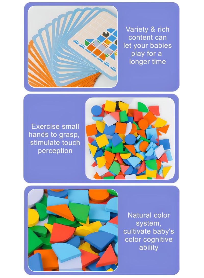 Mosaic Shape Wooden Pattern Blocks Puzzle, 120 PCS Wooden Pattern Blocks with 20 Pcs Design Cards,Kindergarten Classic Educational Geometric Shape Puzzle Toys for Kids Ages 4-8  - Image 4