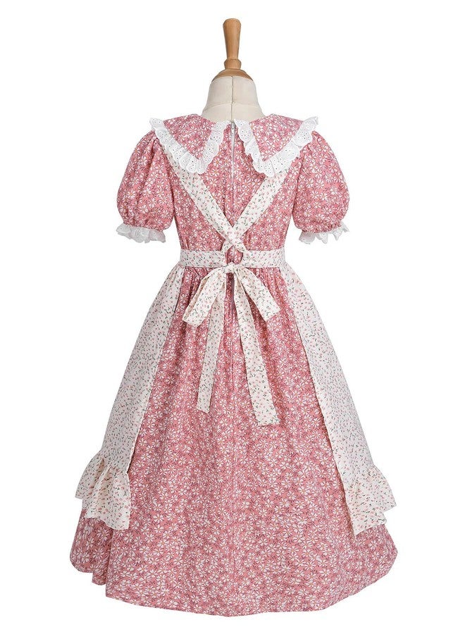 Nuoqi Colonial Costume Girls Prairie Pioneer Dress Laura Ingalls Wilder Costume with Apron Pink, 4-5 - Image 3