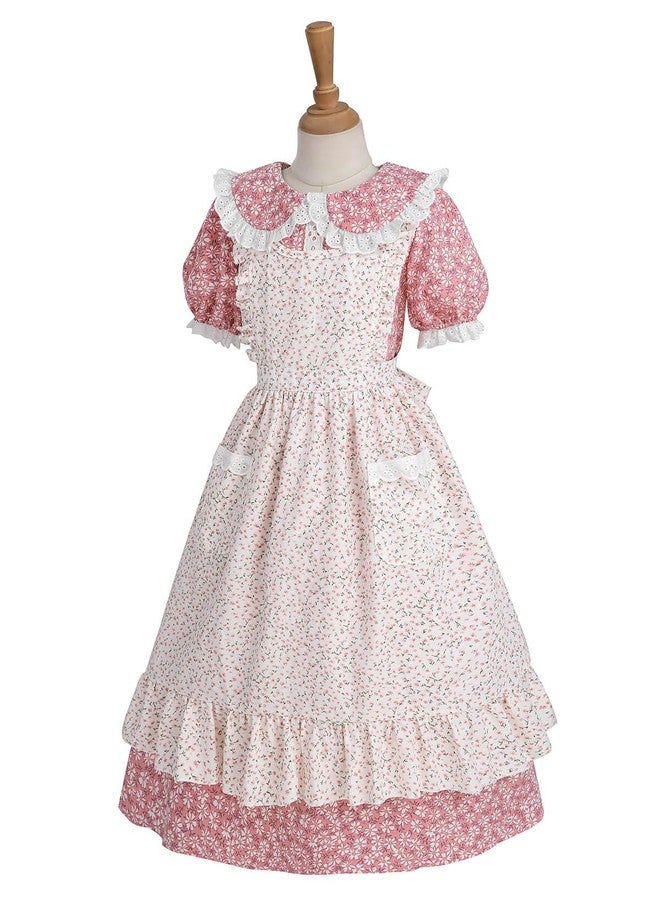 Nuoqi Colonial Costume Girls Prairie Pioneer Dress Laura Ingalls Wilder Costume with Apron Pink, 4-5 - Image 2