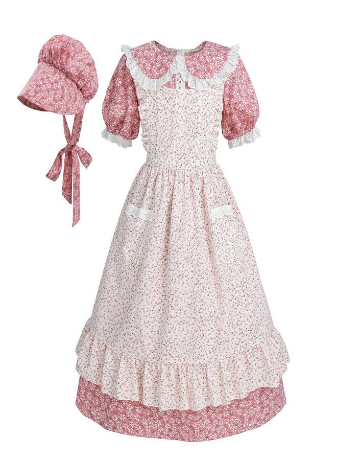 Nuoqi Colonial Costume Girls Prairie Pioneer Dress Laura Ingalls Wilder Costume with Apron Pink, 4-5 - Image 1