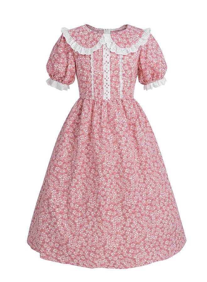 Nuoqi Colonial Costume Girls Prairie Pioneer Dress Laura Ingalls Wilder Costume with Apron Pink, 4-5 - Image 4