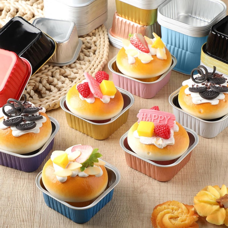 Skylety 100 Pcs 5 oz Mini Square Baking Pan with Lid Aluminum Foil Cupcake Pan Brownie Baking Cup Disposable Ramekins Individual Tin Dessert Containers for Kitchen, Food Grade Material (Mixed Color) - Image 5