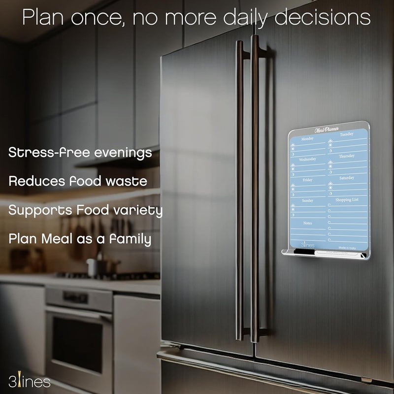 3 Lines ClearBite Acrylic Magnetic Meal Planner Board | Sleek & Durable | Includes Marker & Duster | 24x16 CM | Perfect for Meal Planning, Shopping Lists, Notes | Ideal for Home, Office | Blueberry - Image 2