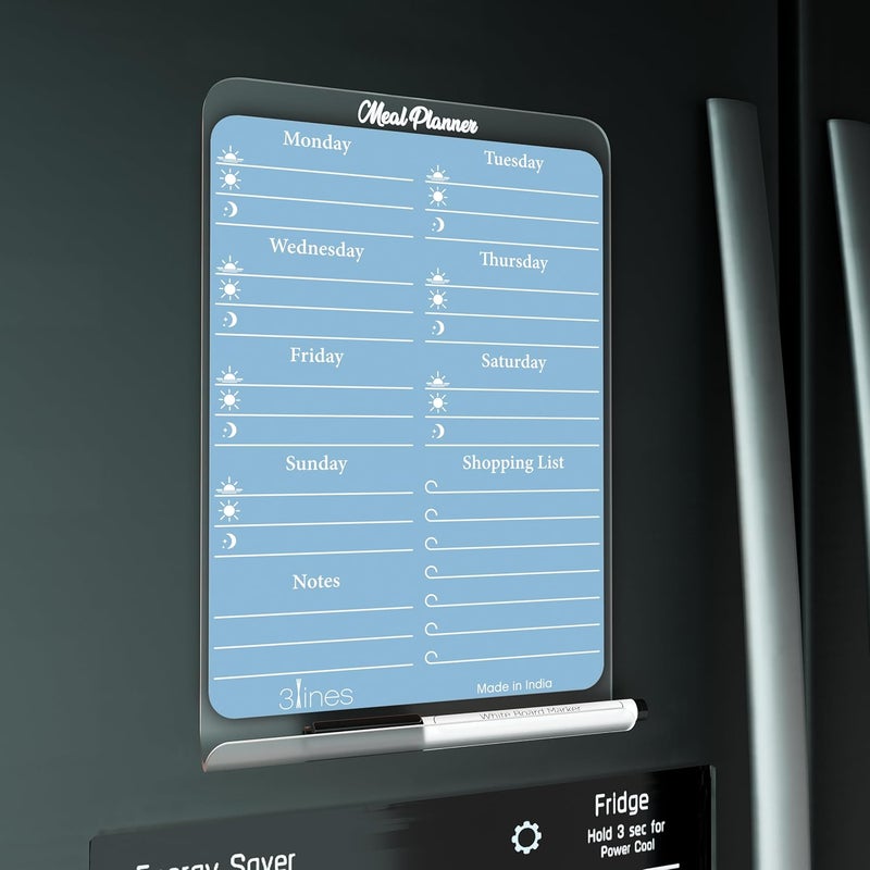 3 Lines ClearBite Acrylic Magnetic Meal Planner Board | Sleek & Durable | Includes Marker & Duster | 24x16 CM | Perfect for Meal Planning, Shopping Lists, Notes | Ideal for Home, Office | Blueberry - Image 1