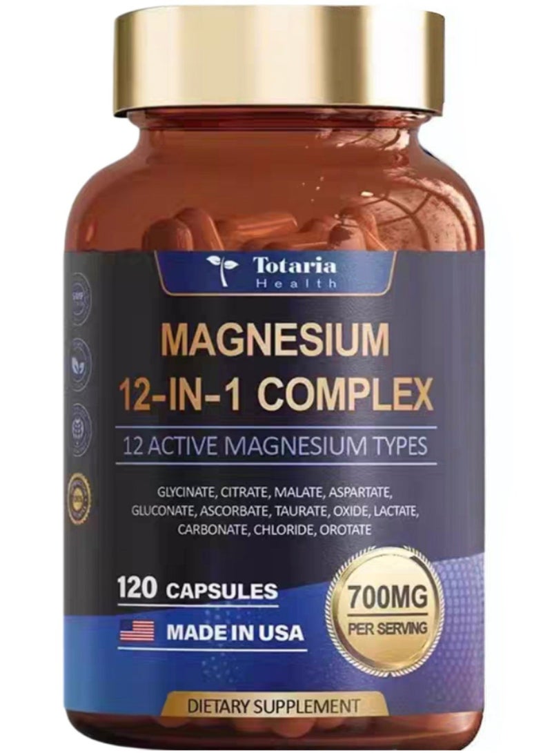 Totaria 12-in-1 Magnesium Complex 700mg - Supplement with Glycinate Citrate Malate Oxide Taurate Aspartate Orotate, Vegan Capsules for Muscle, Heart, and Relaxation Support - Image 1