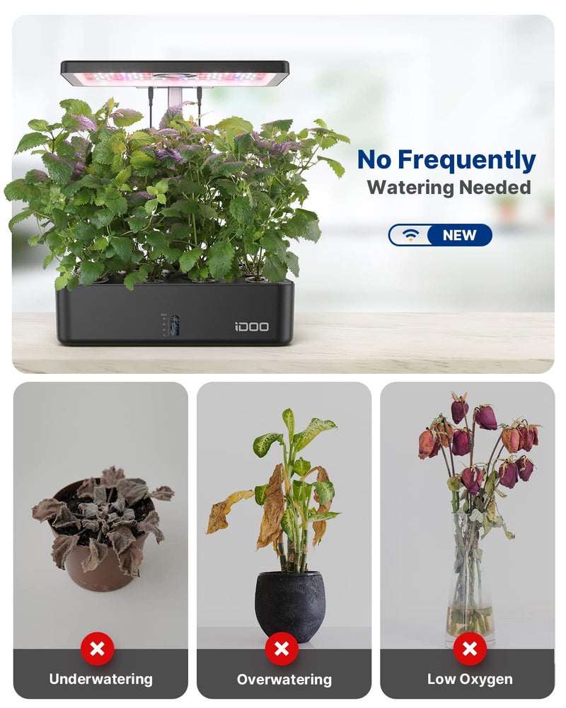 iDOO Hydroponics Growing System Kit 12Pods, Christmas Gifts for Women Mom, Herb Garden Indoor with LED Grow Light for Home, Built-in Fan, Auto-Timer, Adjustable Height Up to 11.3", 12Pods WiFi-Black - Image 3