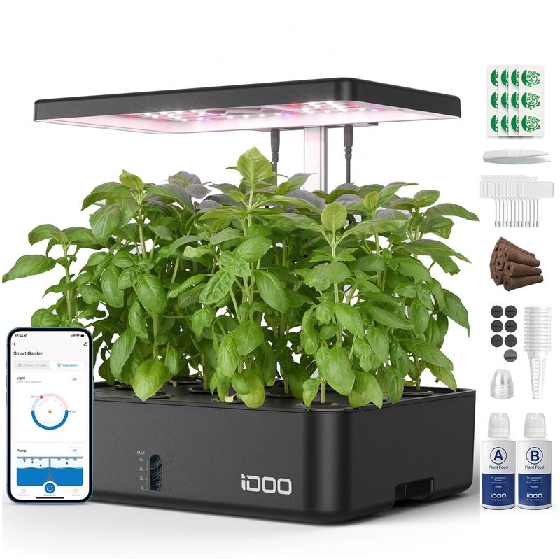 iDOO Hydroponics Growing System Kit 12Pods, Christmas Gifts for Women Mom, Herb Garden Indoor with LED Grow Light for Home, Built-in Fan, Auto-Timer, Adjustable Height Up to 11.3", 12Pods WiFi-Black - Image 1