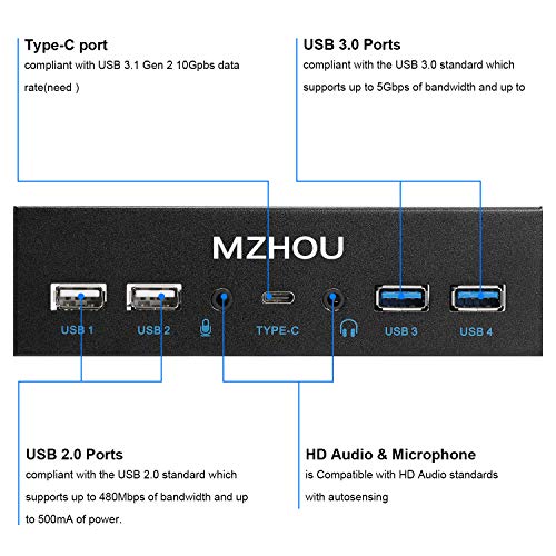 MZHOU USB2.0 + 3.0 Metal Front, 5.25 inch 19Pin Front Panel Adapter, 4 USB 3.0 Port hubs and (1HD Audio Port / 1TPY-C Port / 1 Microphone Input) - Image 4