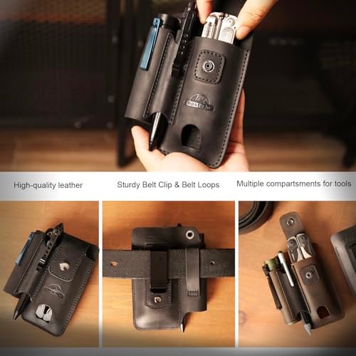 Topstache Leather Multitool Sheath with Belt Clip - Leather Multitool Holder with Closure Flap - EDC Belt Organizer Fits Multitool, Flashlight, Pen - EDC Pouch Belt Holster Case, Black - Image 3