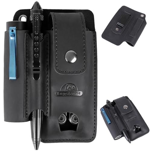 Topstache Leather Multitool Sheath with Belt Clip - Leather Multitool Holder with Closure Flap - EDC Belt Organizer Fits Multitool, Flashlight, Pen - EDC Pouch Belt Holster Case, Black - Image 1