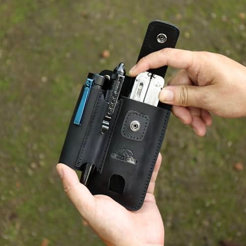 Topstache Leather Multitool Sheath with Belt Clip - Leather Multitool Holder with Closure Flap - EDC Belt Organizer Fits Multitool, Flashlight, Pen - EDC Pouch Belt Holster Case, Black - Image 5