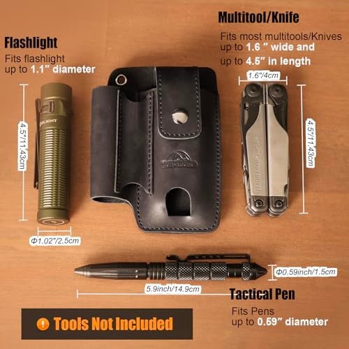 Topstache Leather Multitool Sheath with Belt Clip - Leather Multitool Holder with Closure Flap - EDC Belt Organizer Fits Multitool, Flashlight, Pen - EDC Pouch Belt Holster Case, Black - Image 4