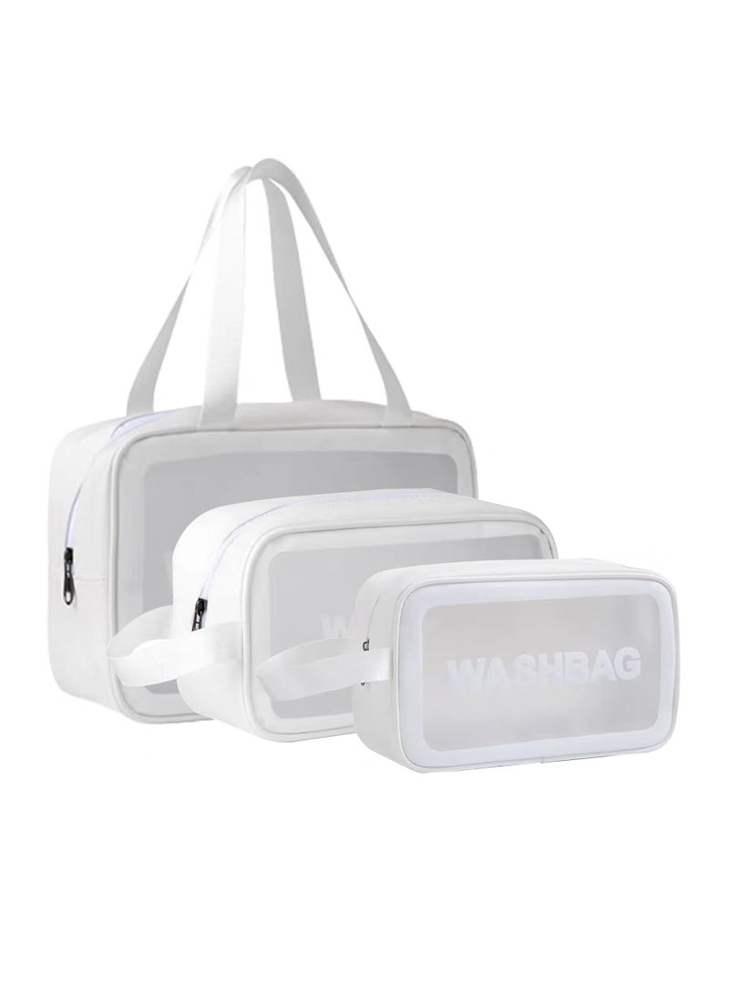COSIWELL Women's Travel Toiletry Bag Clear PVC Makeup Bags 3 Pack Different Size Cosmetic Organizer Large Capacity Waterproof Storage Set White Color L+M+S - Image 1