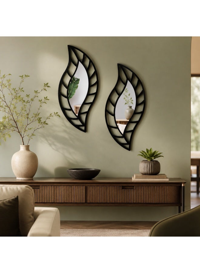 Lamset Gamal 2-Piece Leaf-Shaped Wall Mirror Set, MDF with Reflective Acrylic, Black, 20 x 40 cm, Modern Home Decor - Image 3