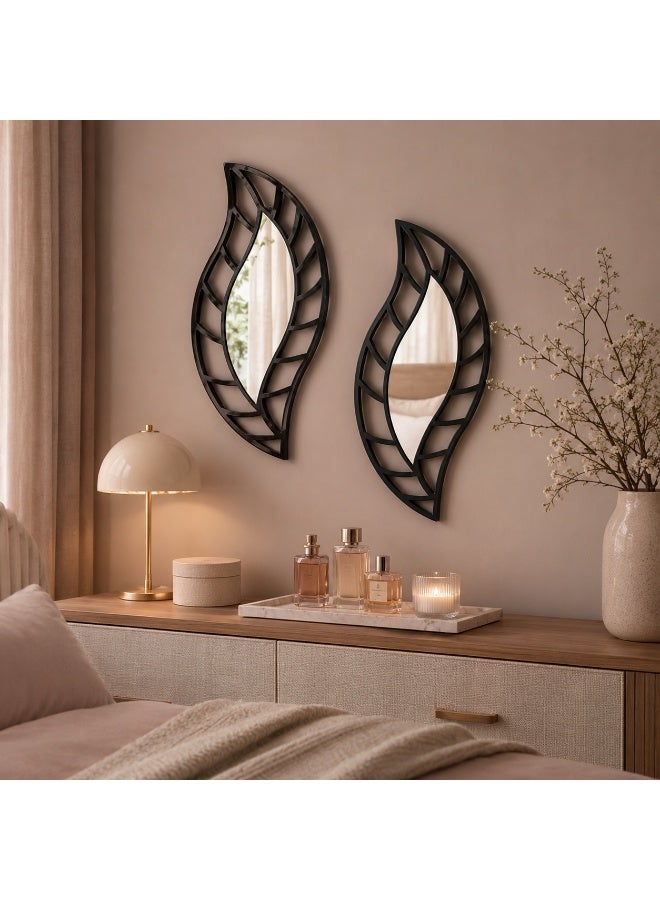 Lamset Gamal 2-Piece Leaf-Shaped Wall Mirror Set, MDF with Reflective Acrylic, Black, 20 x 40 cm, Modern Home Decor - Image 4