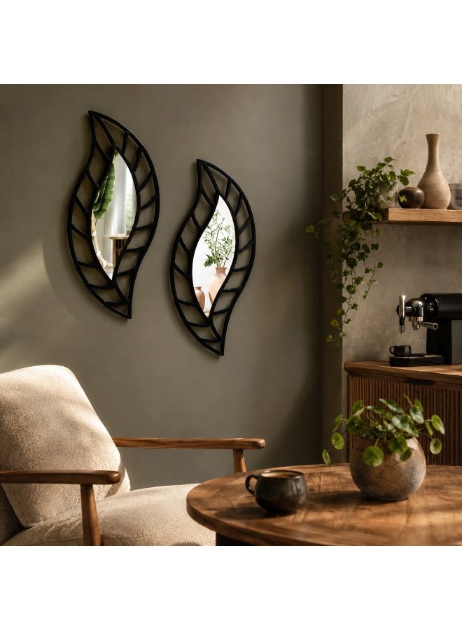 Lamset Gamal 2-Piece Leaf-Shaped Wall Mirror Set, MDF with Reflective Acrylic, Black, 20 x 40 cm, Modern Home Decor - Image 1