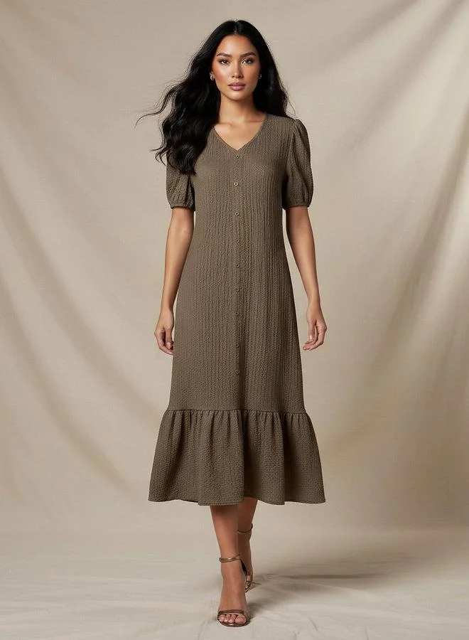 Splash FAV Textured Midi Shirt Dress with Puff Sleeves