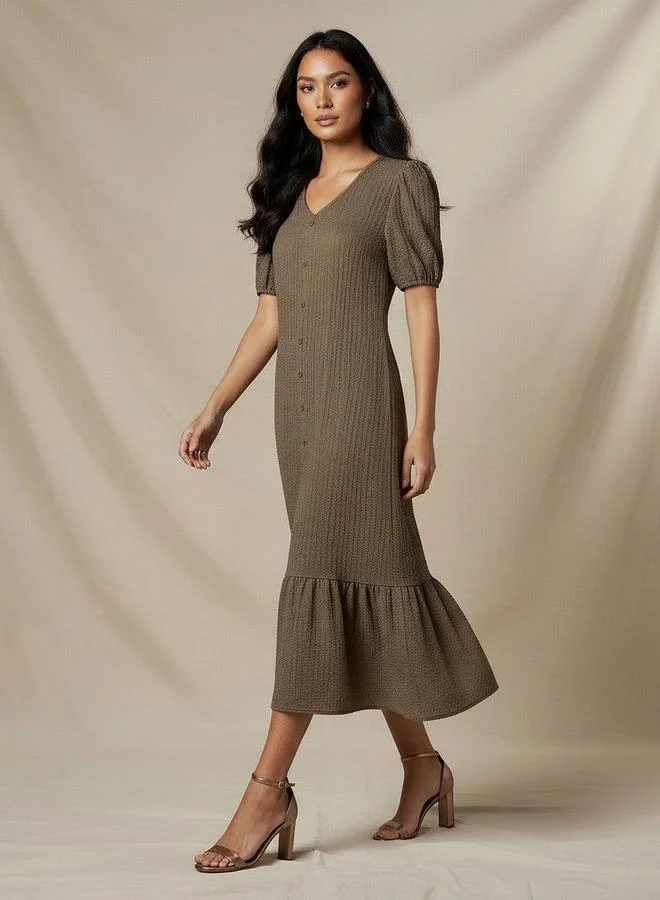 Splash FAV Textured Midi Shirt Dress with Puff Sleeves