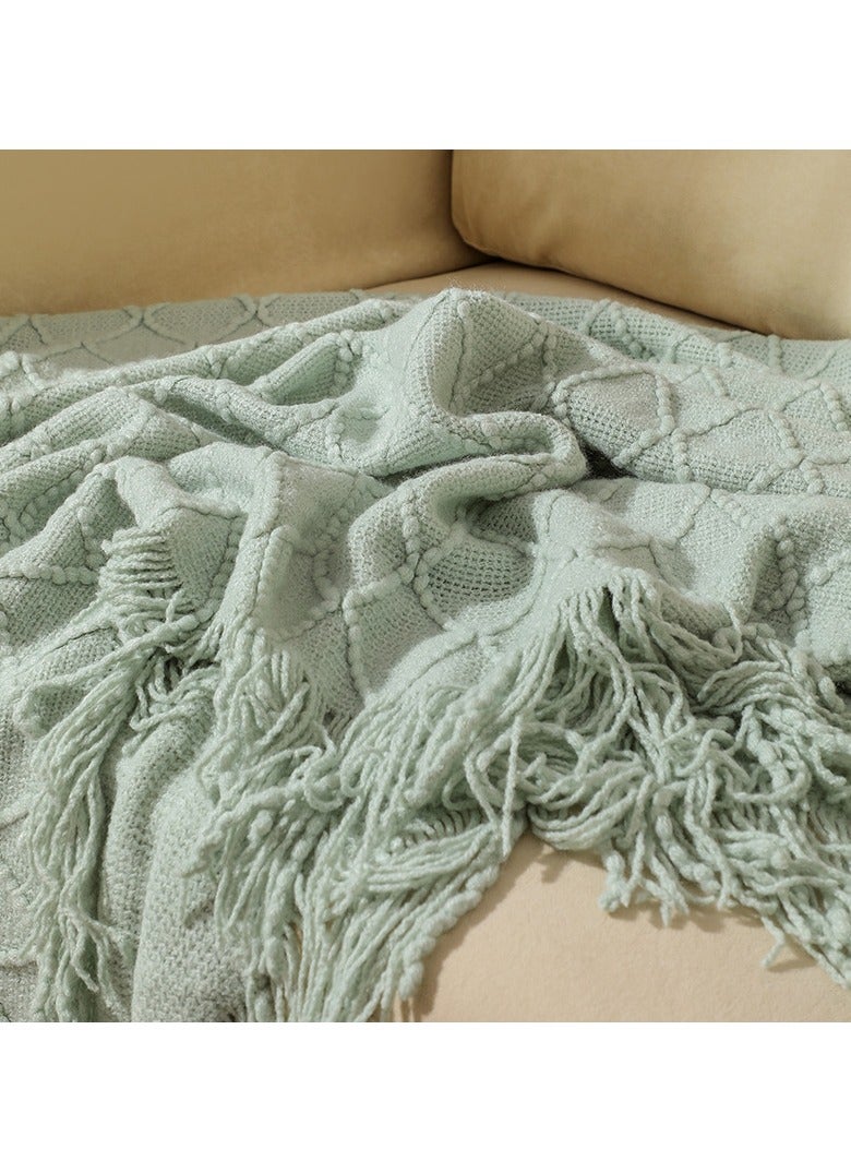 Loquat Tassel Design Knitted Soft Throw Blanket Keep Warm Ginger Light Green  - Image 3