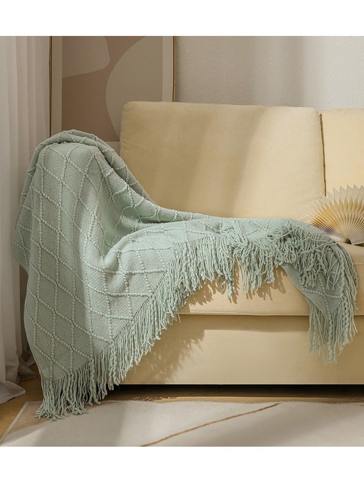 Loquat Tassel Design Knitted Soft Throw Blanket Keep Warm Ginger Light Green  - Image 2