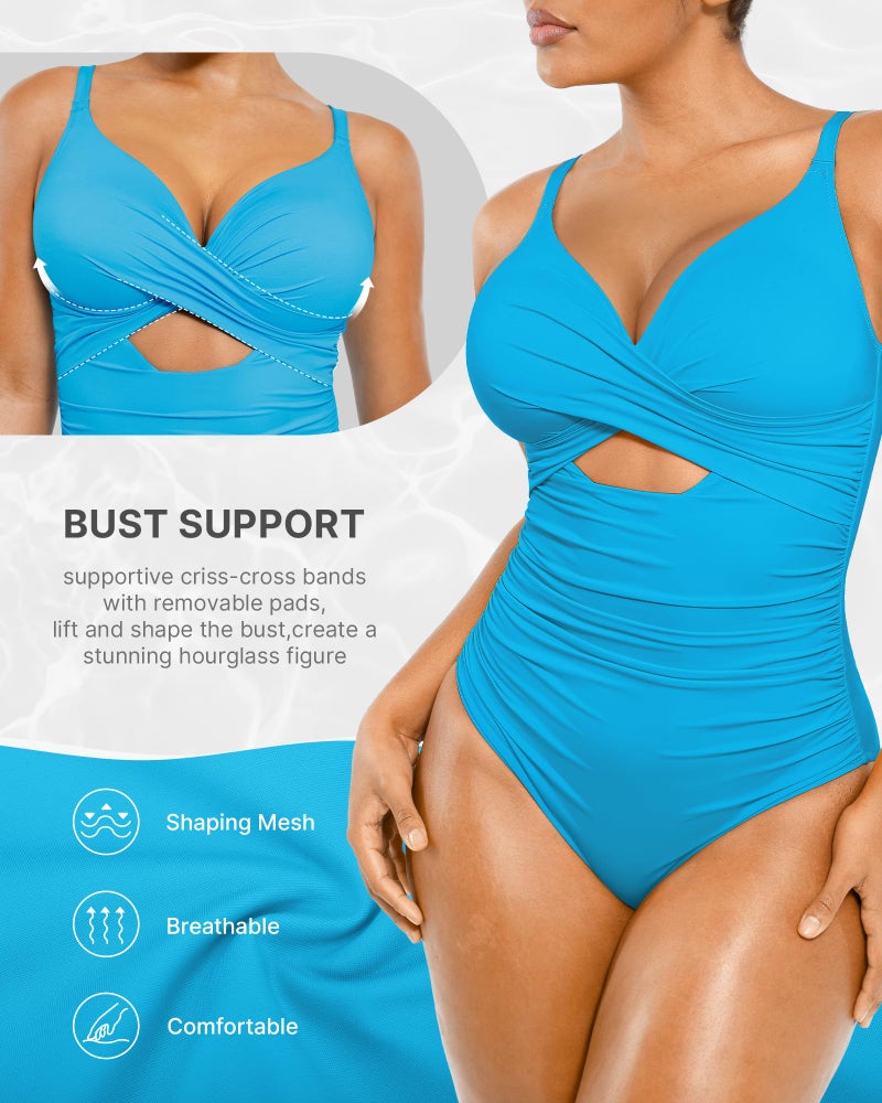 SHAPELLX Tummy Control Swimsuits Women Shapewear Swimsuits Women Bathing Suit Ruched Slimming Swimwear (Blue,Large) - Image 3