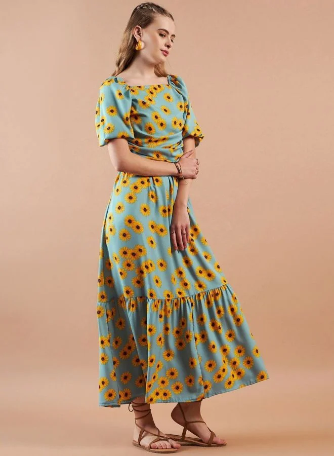 Freehand  Women Fit and Flared Floral Printed Square Neck Short Sleeve Maxi Dress for Women | Best Price UAE