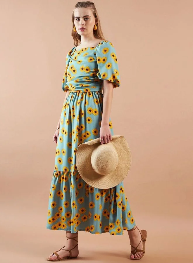 Women Fit and Flared Floral Printed Square Neck Short Sleeve Maxi Dress