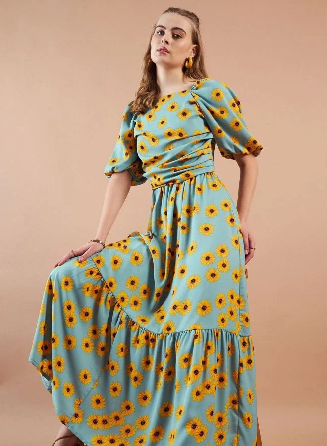 Freehand  Women Fit and Flared Floral Printed Square Neck Short Sleeve Maxi Dress for Women | Best Price UAE