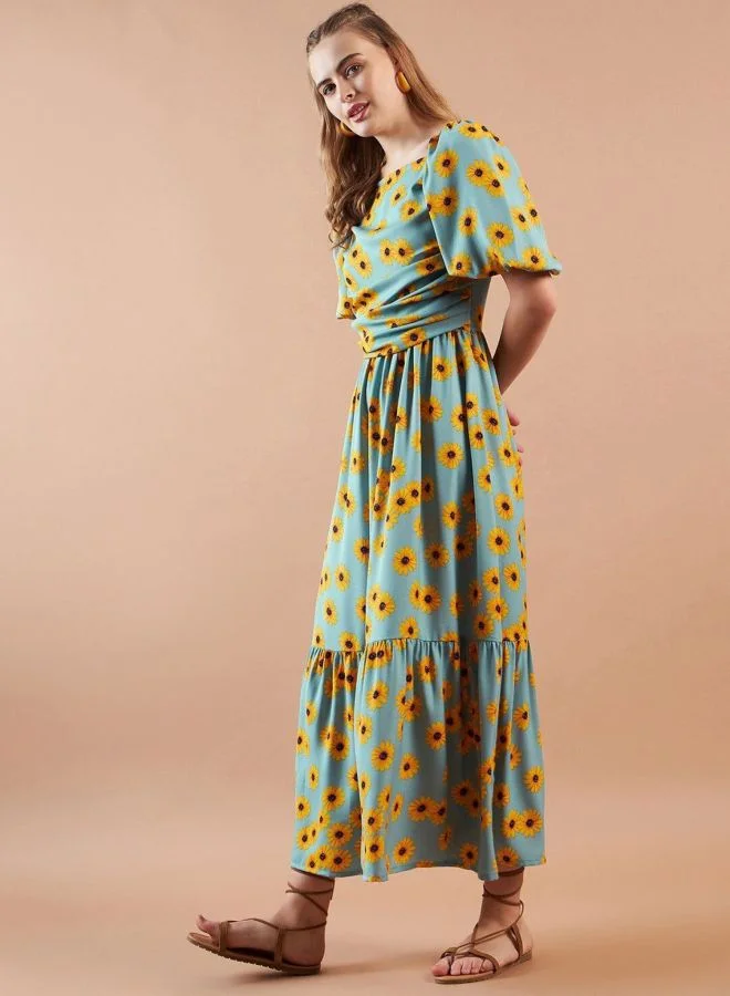 Freehand  Women Fit and Flared Floral Printed Square Neck Short Sleeve Maxi Dress for Women | Best Price UAE
