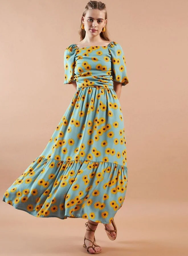 Freehand  Women Fit and Flared Floral Printed Square Neck Short Sleeve Maxi Dress for Women | Best Price UAE