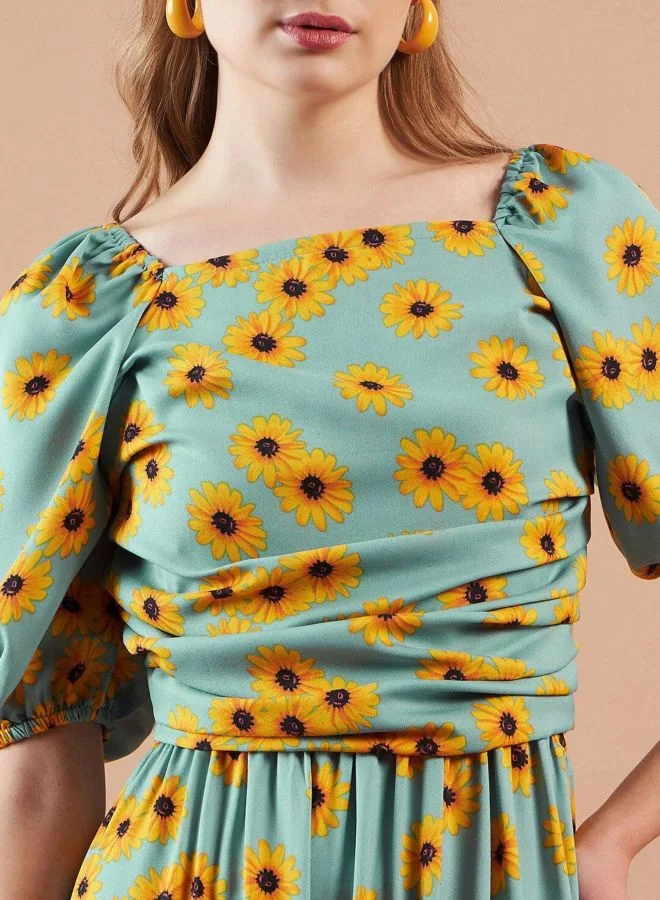 Freehand  Women Fit and Flared Floral Printed Square Neck Short Sleeve Maxi Dress for Women | Best Price UAE