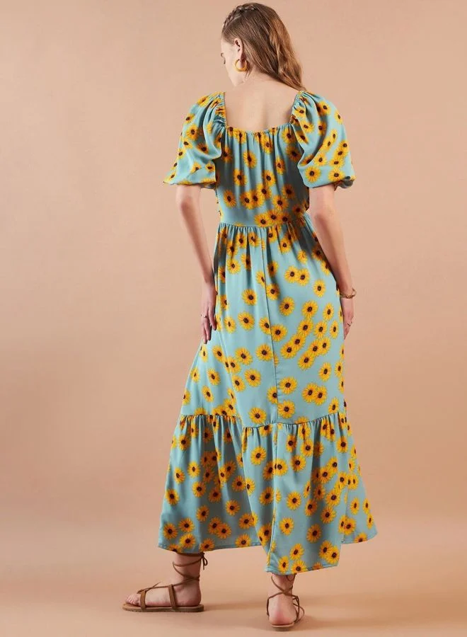 Freehand  Women Fit and Flared Floral Printed Square Neck Short Sleeve Maxi Dress for Women | Best Price UAE