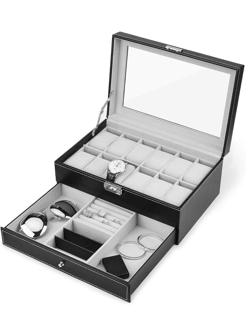 Decorhills Double Layer Jewelry Box with Drawer Case For Watch Box Organizer PU Leather 12 Slots Display Case with Glass Lid, Metal Lock & Soft Cushions, Elegant Jewelry Storage Holder for Men & Women - Black - Image 1