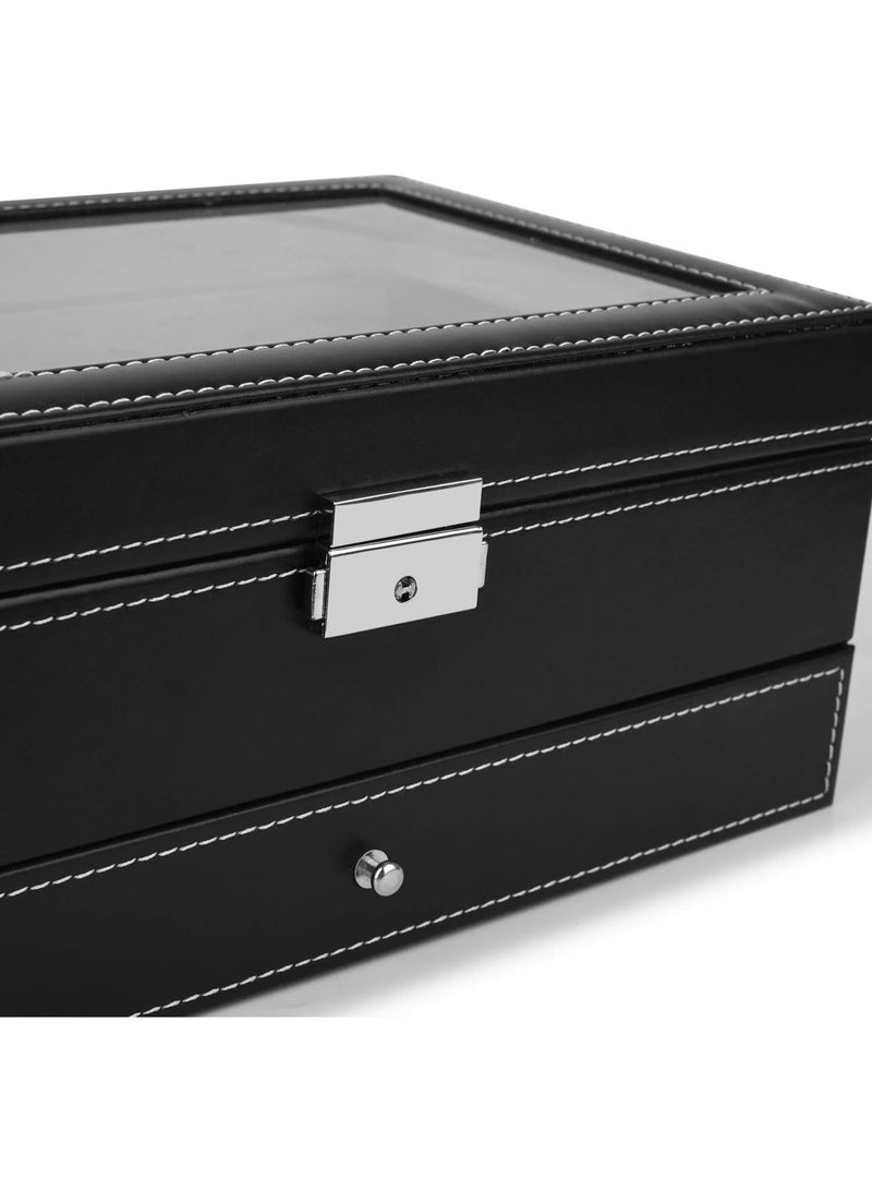 Decorhills Double Layer Jewelry Box with Drawer Case For Watch Box Organizer PU Leather 12 Slots Display Case with Glass Lid, Metal Lock & Soft Cushions, Elegant Jewelry Storage Holder for Men & Women - Black - Image 2