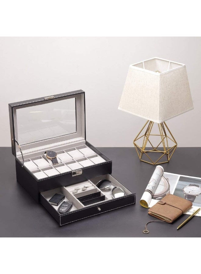 Decorhills Double Layer Jewelry Box with Drawer Case For Watch Box Organizer PU Leather 12 Slots Display Case with Glass Lid, Metal Lock & Soft Cushions, Elegant Jewelry Storage Holder for Men & Women - Black - Image 3