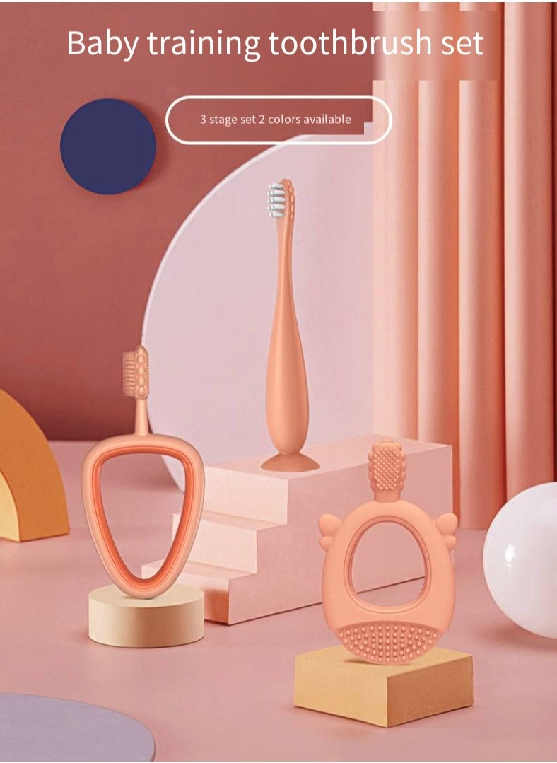 Hogokids - Baby Training Toothbrush Set Oral Cleaning Soft Capillary Silicone Toothbrush, Children's Teeth Cleaner, Baby Oral Hygiene Products Can Be Used As Dental Glue Chew 3 pcs (Orange) - Image 1