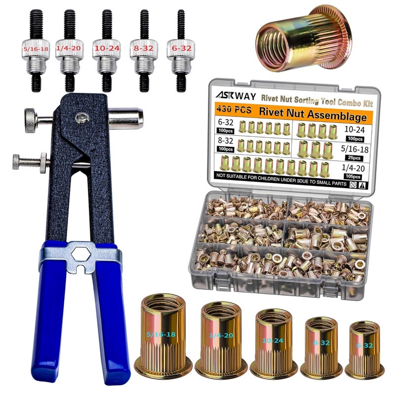 AskWay Store Imperial Rivet Nut Tool Kit 430pcs, SAE Rivet Nut Combination （5/16-18、1/4-20、10-24、8-32、6-32）, Suitable for Automotive, Marine and Industrial Applications(SAE Carbon Steel 430PCS) - Image 1