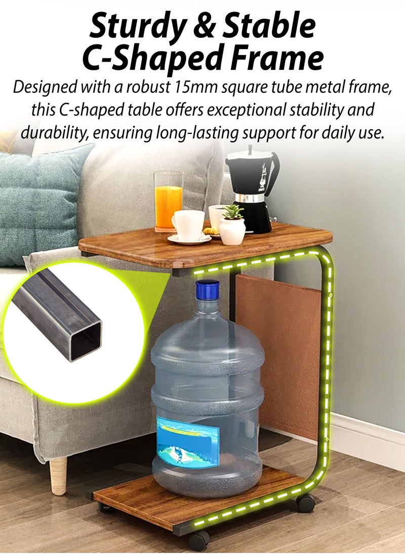 DBLEW Mobile C-Shaped End Table with Side Storage Pocket And 360 Degree Rotating Casters, MDF Wood-Effect Rectangular Top with Powder-Coated Carbon Steel Frame, Bottom Shelf Rack for Books & Magazines, Space-Saving Two Tier Over the Bed, Narrow Sofa Couch Side, Chair Side, 2 Layer Bedside Snack Table for Living Room, Bedroom, Office, Laptop Working Computer Study Work From Home Stand Slide Under Sofa Bed Rolling Desk  - Image 5