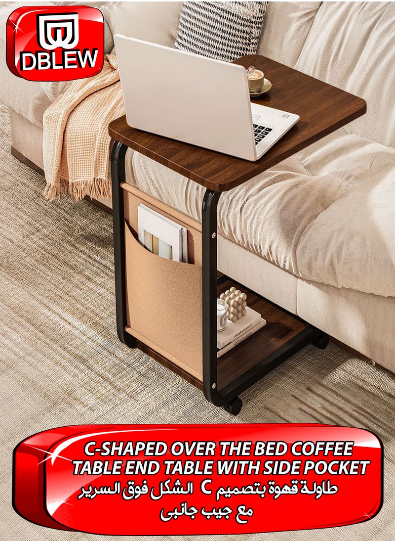 DBLEW Mobile C-Shaped End Table with Side Storage Pocket And 360 Degree Rotating Casters, MDF Wood-Effect Rectangular Top with Powder-Coated Carbon Steel Frame, Bottom Shelf Rack for Books & Magazines, Space-Saving Two Tier Over the Bed, Narrow Sofa Couch Side, Chair Side, 2 Layer Bedside Snack Table for Living Room, Bedroom, Office, Laptop Working Computer Study Work From Home Stand Slide Under Sofa Bed Rolling Desk  - Image 1