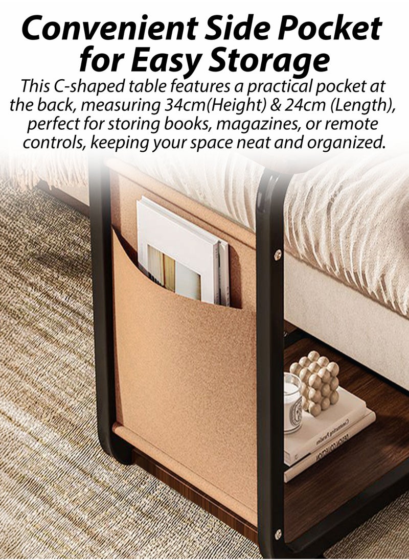 DBLEW Mobile C-Shaped End Table with Side Storage Pocket And 360 Degree Rotating Casters, MDF Wood-Effect Rectangular Top with Powder-Coated Carbon Steel Frame, Bottom Shelf Rack for Books & Magazines, Space-Saving Two Tier Over the Bed, Narrow Sofa Couch Side, Chair Side, 2 Layer Bedside Snack Table for Living Room, Bedroom, Office, Laptop Working Computer Study Work From Home Stand Slide Under Sofa Bed Rolling Desk  - Image 3