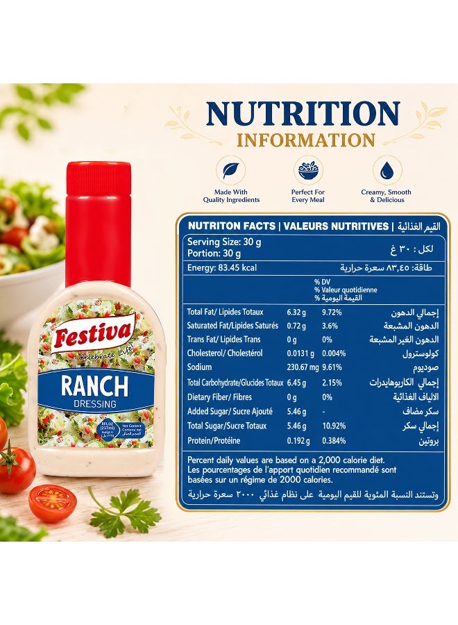 Festiva Ranch US Dressing 237ml - Creamy Salad Dressing and Sandwich Spread for Burgers, Wraps and Snacks - Dip and Dressing Sauce - Image 1