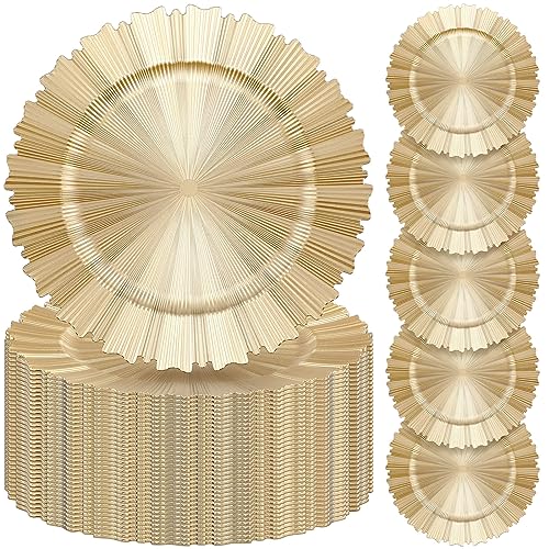 Mifoci 50 Pcs Champagne Gold Charger Plates Bulk 13 Inch Plastic Round Chargers Fluted Edge Dinner Plate Wedding Decoration for Table Setting Wedding Party Event Tabletop - Image 1
