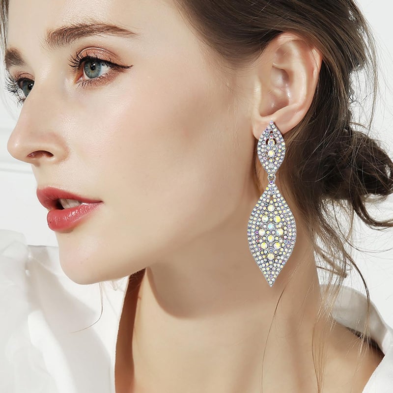 Flyonce Women's Rhinestone Crystal Wedding Bridal 2 Leaf Drop Dangle Chandelier Earrings Iridescent Clear AB - Image 2