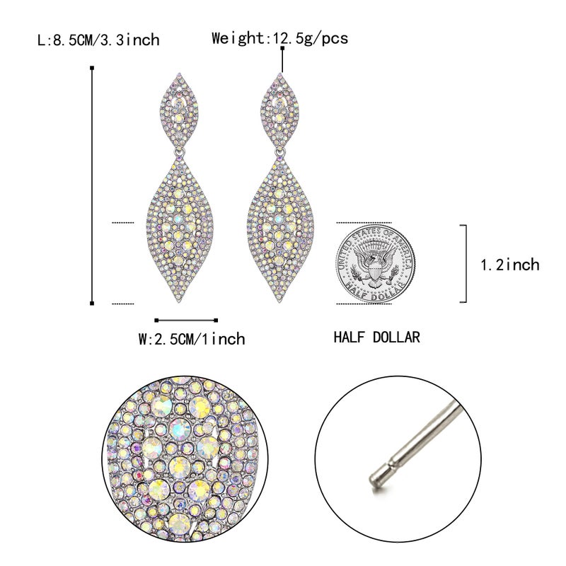 Flyonce Women's Rhinestone Crystal Wedding Bridal 2 Leaf Drop Dangle Chandelier Earrings Iridescent Clear AB - Image 5