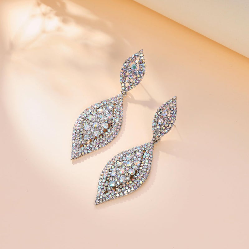 Flyonce Women's Rhinestone Crystal Wedding Bridal 2 Leaf Drop Dangle Chandelier Earrings Iridescent Clear AB - Image 4