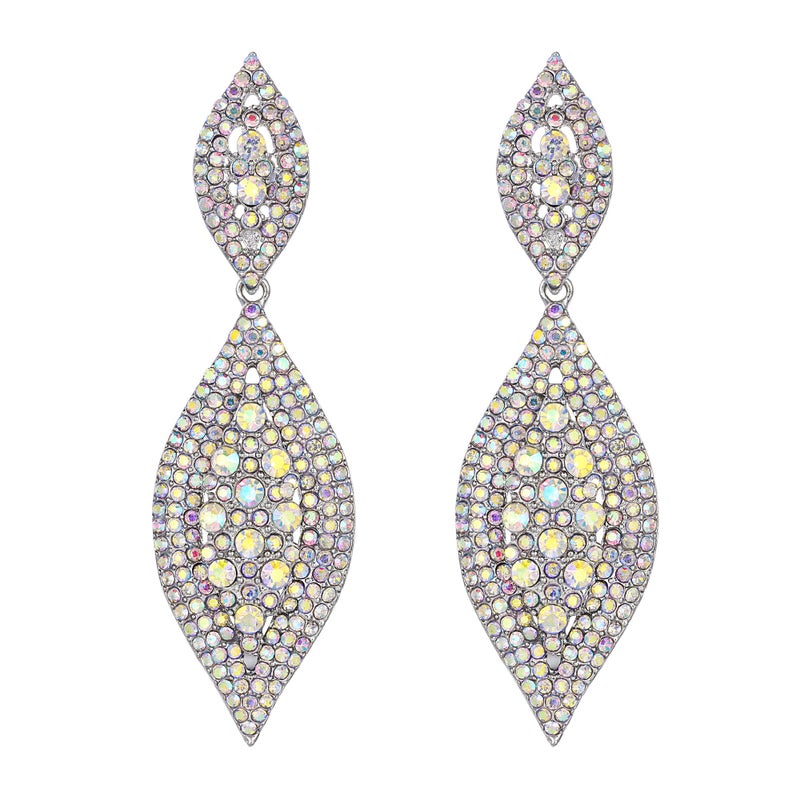 Flyonce Women's Rhinestone Crystal Wedding Bridal 2 Leaf Drop Dangle Chandelier Earrings Iridescent Clear AB - Image 1