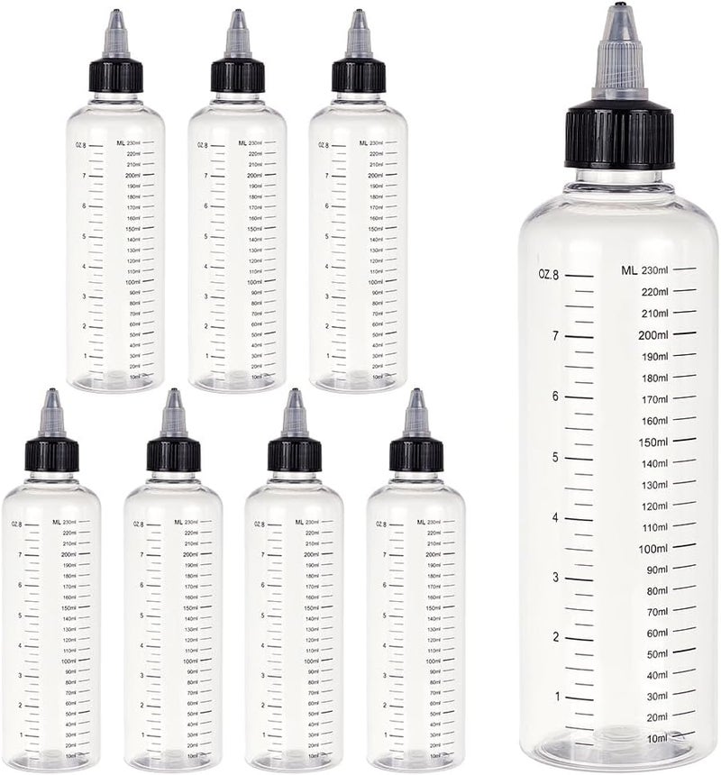 BENECREAT 8PCS 230ml Scale Empty Plastic Squeeze Bottles with Black Twist Graduated Squeeze Dispensing Bottles for Ink Liquid, Oils, Gels, Glue - Image 1